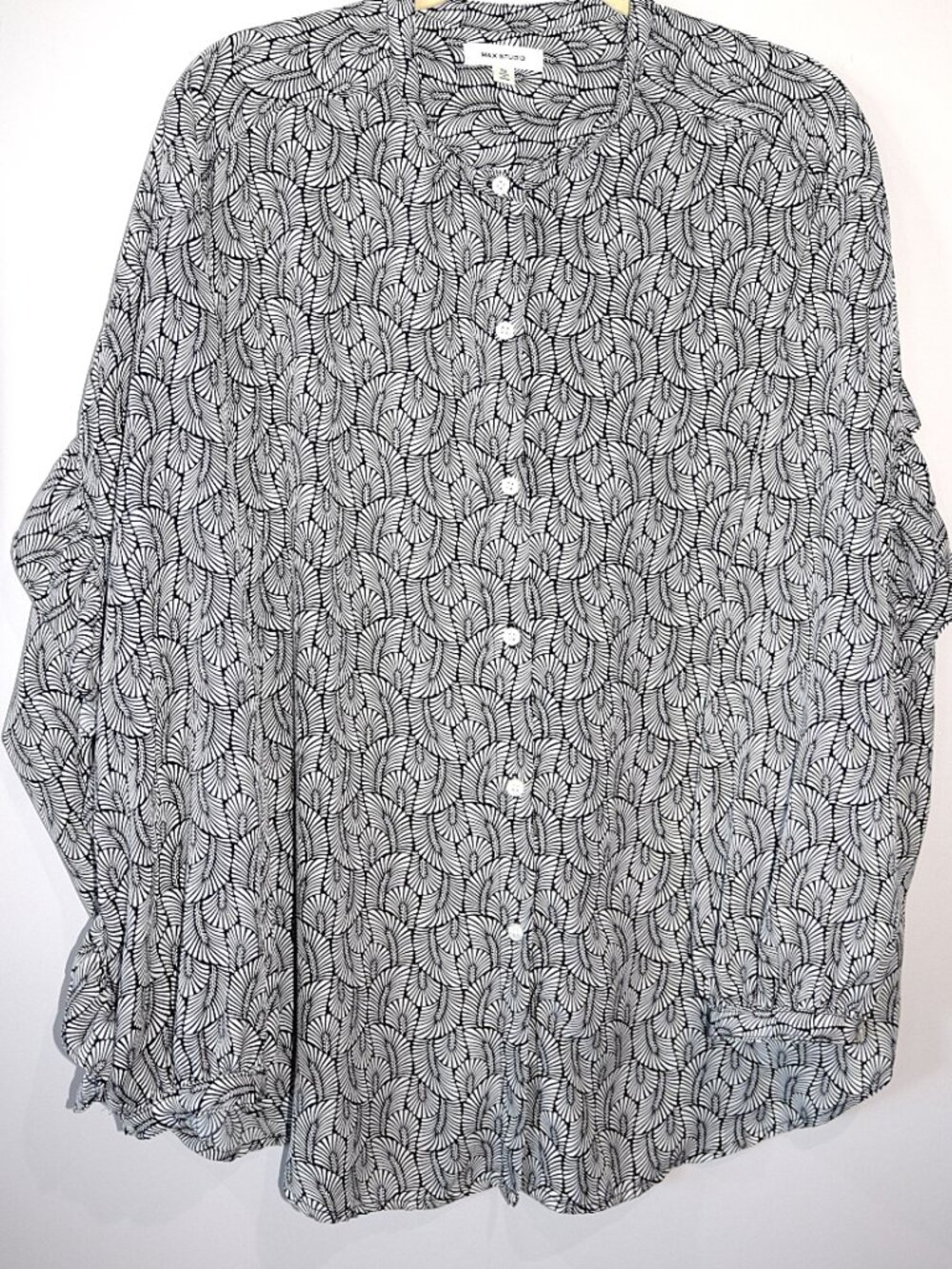 Max Studio Black White Leaf Print Ruffle L/STunic Blouse 3X